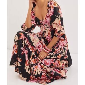 Anthropologie Blossom Black Floral Maxi Dress XS Puff Sleeve 100% Cotton Smocked